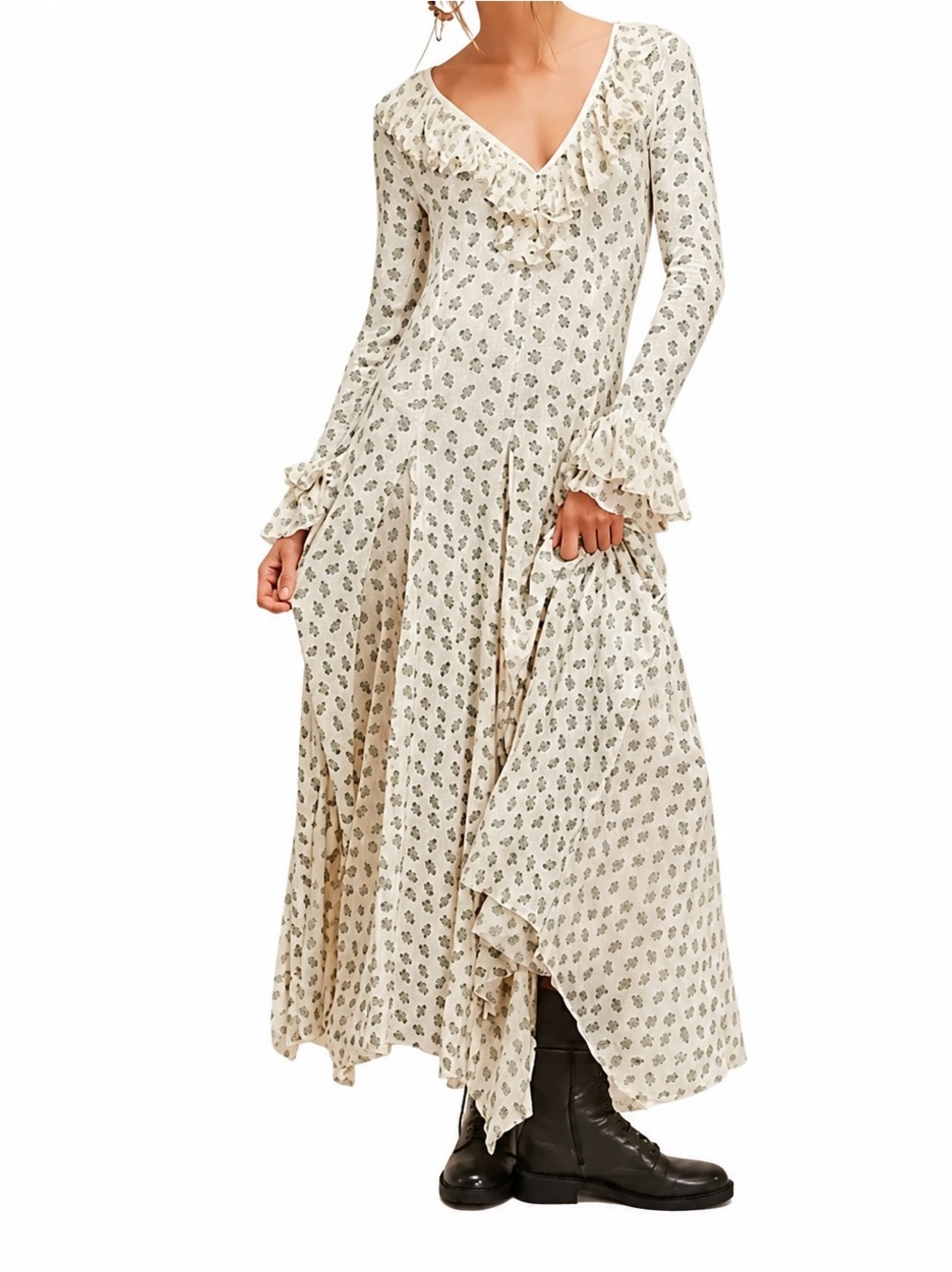 Free People Annalise Waffle Thermal Ruffles Bell Sleeve Godet Maxi Dress S